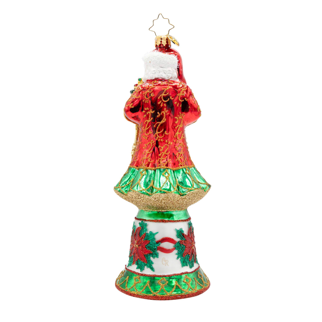 Regal Christmas Chime Santa ornament with a red coat and a bell-shaped base featuring poinsettias.