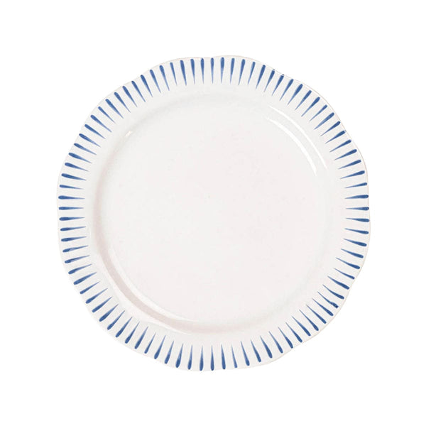 Sitio Stripe Dessert/Salad Plate with blue radial stripes on a white ceramic rim.