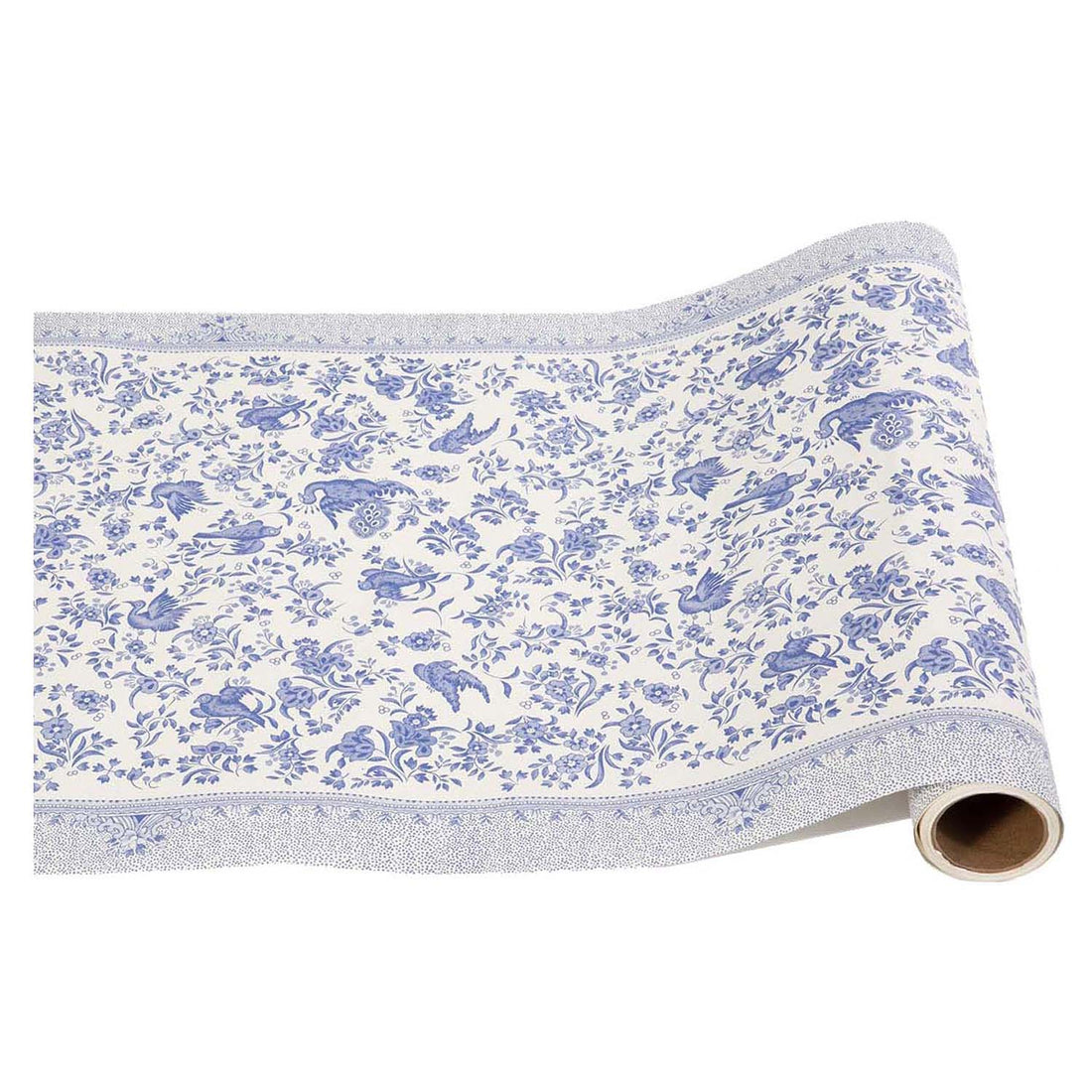Blue Regal Peacock paper table runner with a floral and bird pattern on a white background.