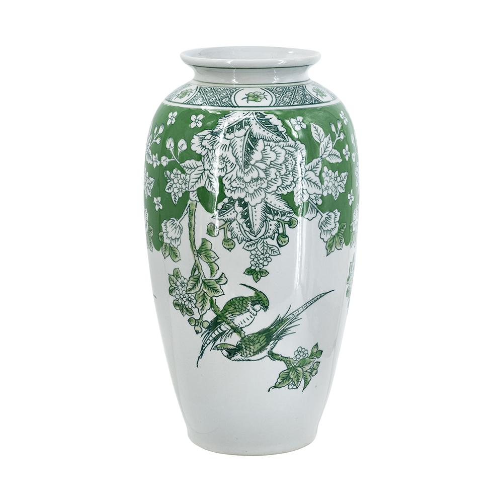 White porcelain vase with green floral and bird motifs on a tapered Chinoiserie silhouette.
