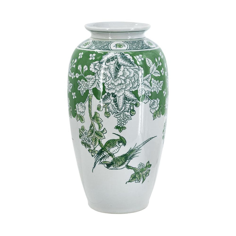White porcelain vase with green floral and bird motifs on a tapered Chinoiserie silhouette.