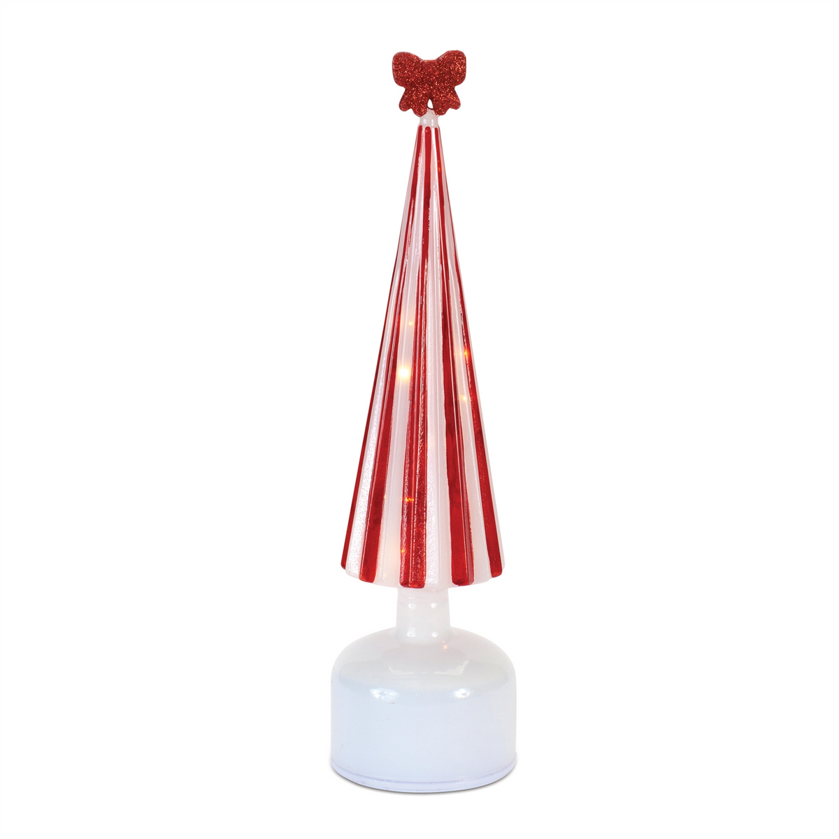 Rotating 13.5-inch LED Christmas tree with red and white stripes and a glittery red bow topper.