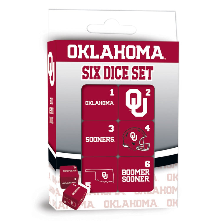 Oklahoma Sooners six dice set in crimson and white packaging featuring team logos and slogans.