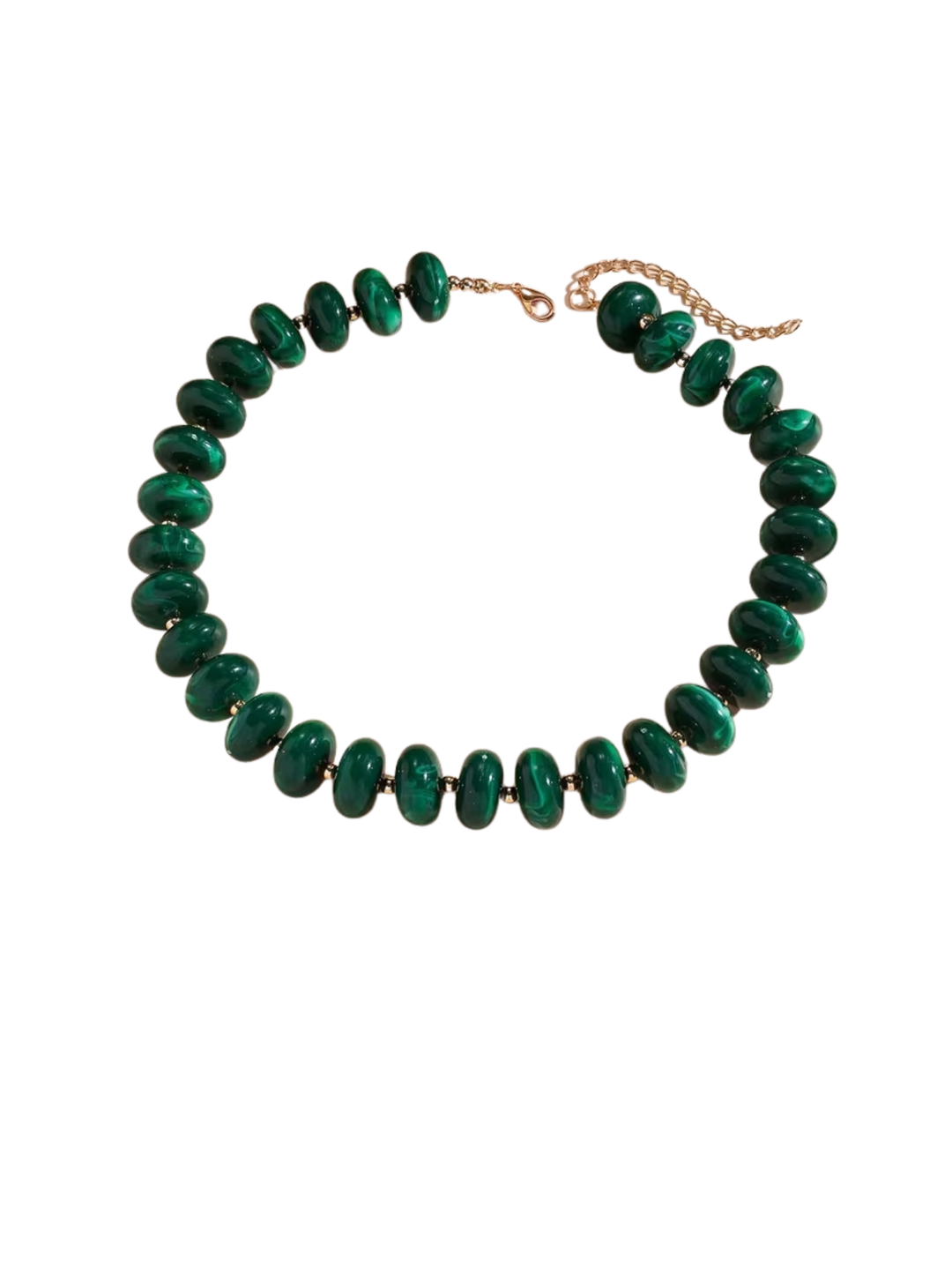 Gradient beaded necklace with dark green marbled round beads and a gold-tone lobster clasp.