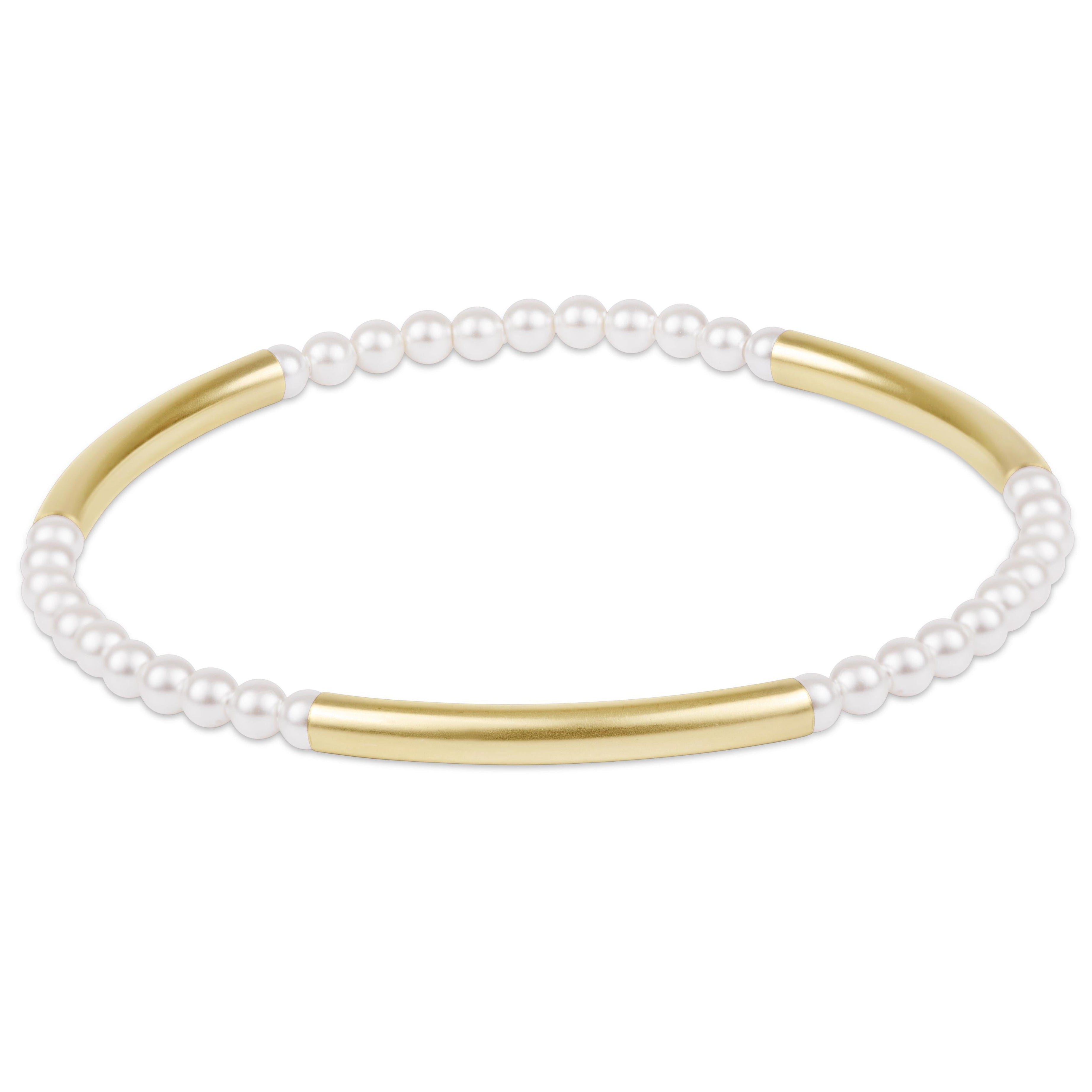 Pearl bead bracelet with bliss bar gold accents on elastic band