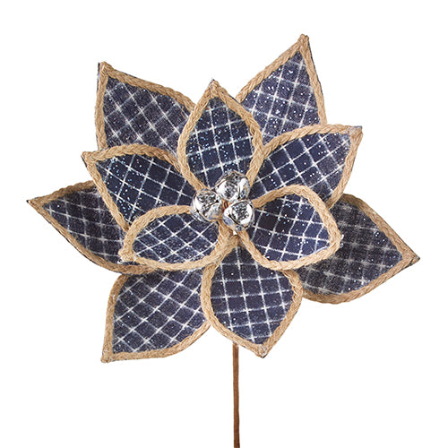 12-inch blue plaid poinsettia stem with burlap trim and silver jingle bell center.