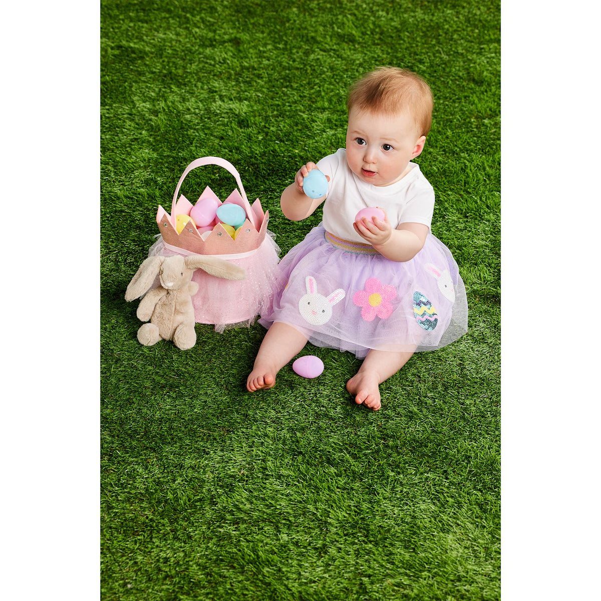 Layered mesh Easter sequin tutu with lurex elastic waistband in a flared silhouette.