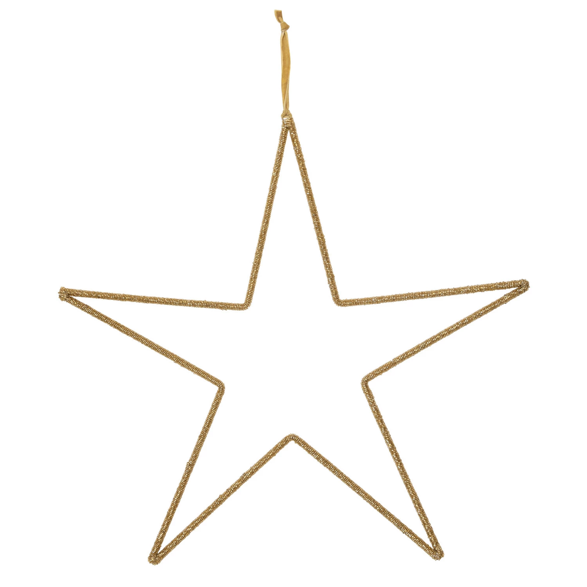Gold finish metal and glass bead star ornament with a cotton velvet hanging ribbon.