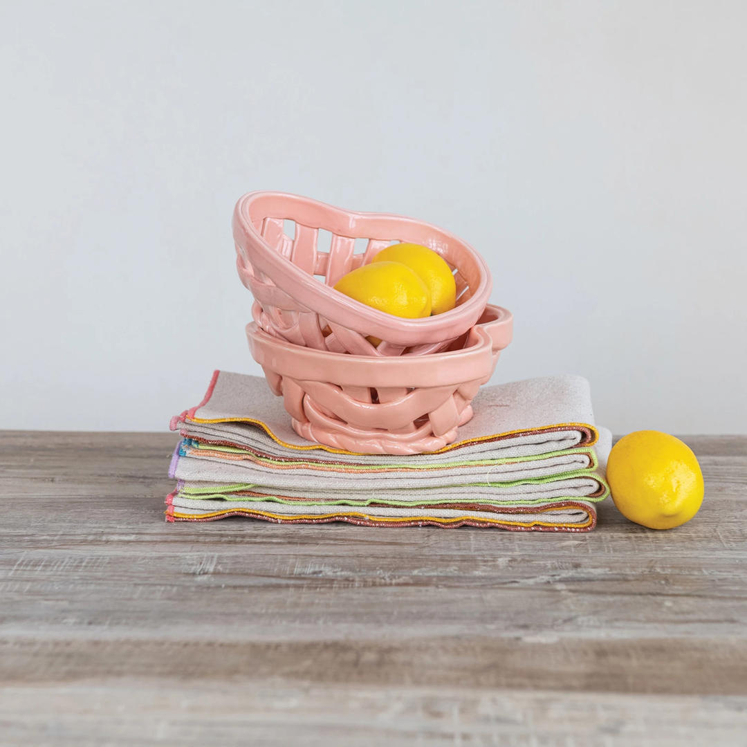 Handmade Stoneware Woven Heart Shaped Basket - Coral