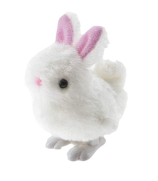 Wind Up Fluffy Friends bunny toy in white plush with black ears on a light background.