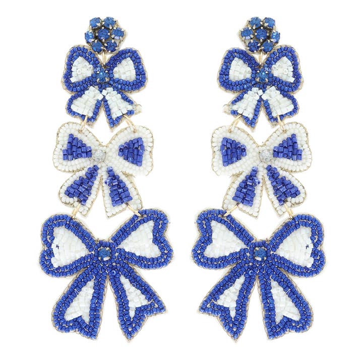 Striped bow ribbon beaded earrings with vibrant colors measuring 2 inches tall.
