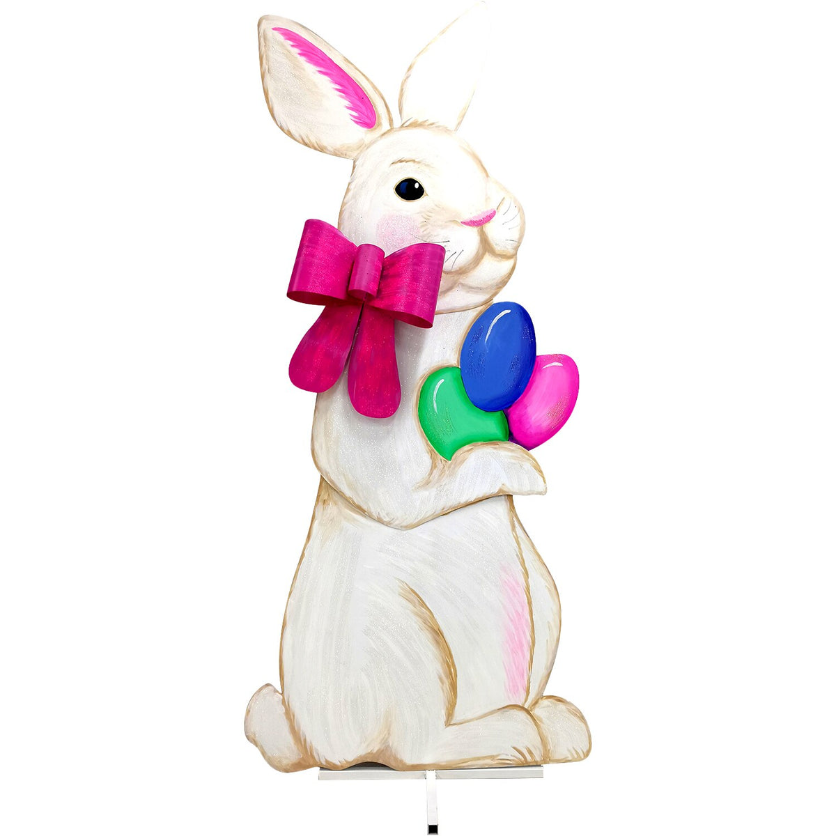 Life-size giant bunny statue with a white body, black ears, pink nose, and standing pose.