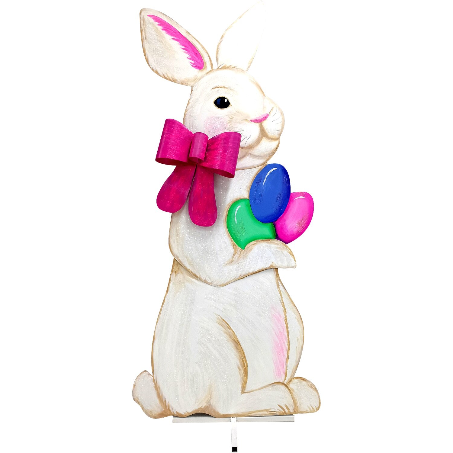Life-size giant bunny statue with a white body, black ears, pink nose, and standing pose.