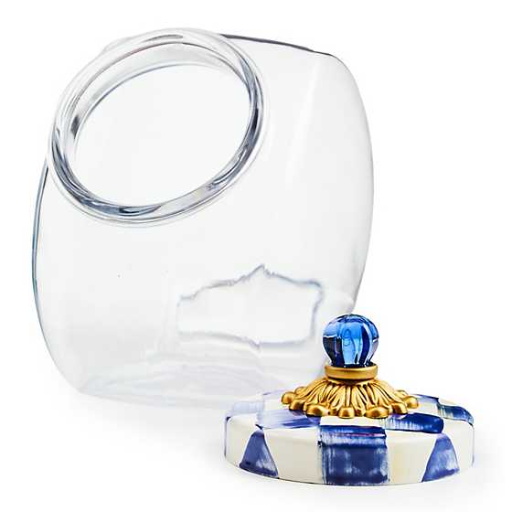 Glass jar with hand-glazed steel Royal Check enamel lid topped by brass bobeche and glass finial