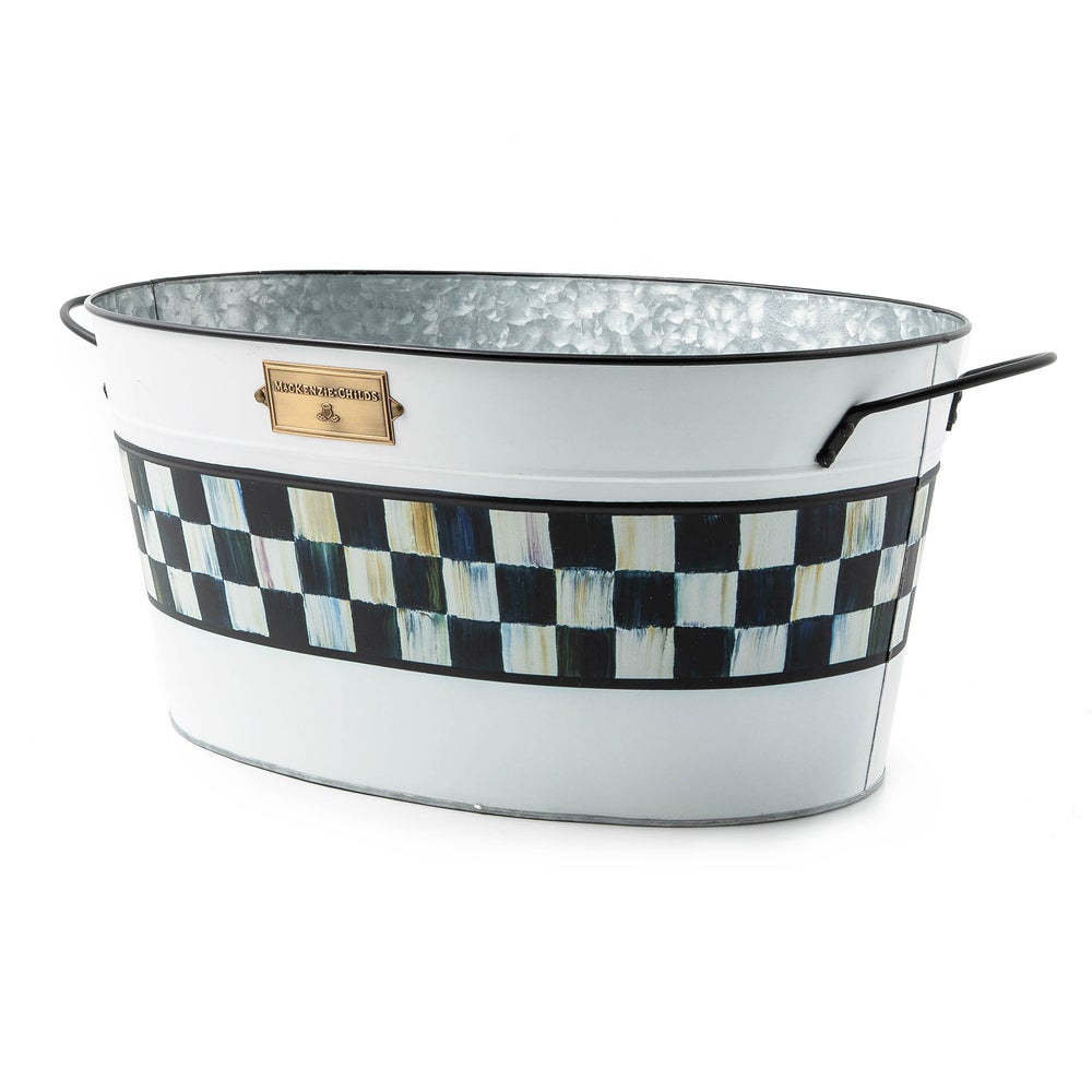 White galvanized metal beverage bucket with a black and white checkered band and side handles.