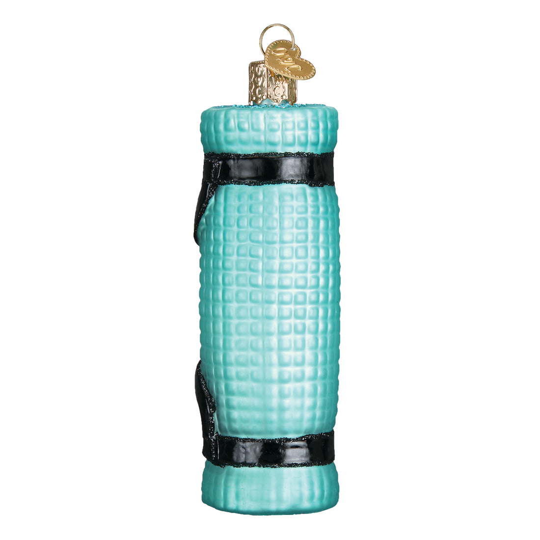 Light blue rolled yoga mat glass Christmas ornament with black straps and gold heart charm.