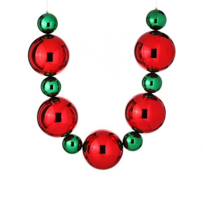 60-inch vacuum plated ball garland with mixed 20mm and 10mm spheres in a metallic finish.