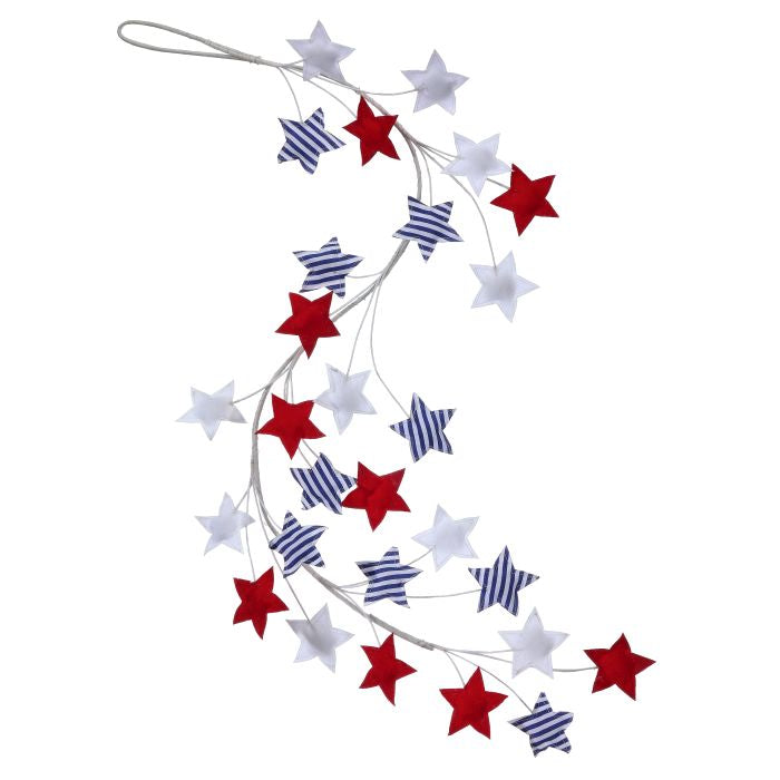 48-inch Americana star garland featuring red, white, and blue fabric stars on a green vine.