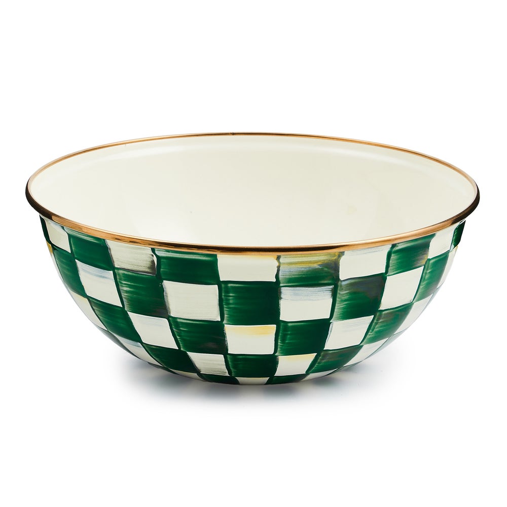 Emerald check enamel everyday bowl with hand-painted green checks on steel body