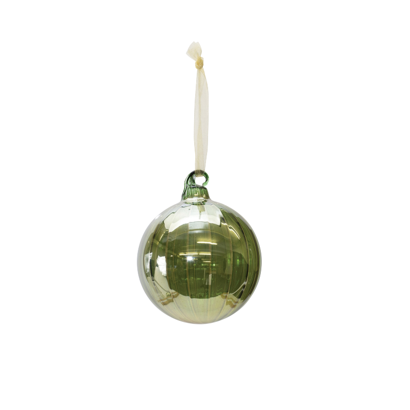 Green ribbed glass ball ornament with a sheer hanging ribbon.