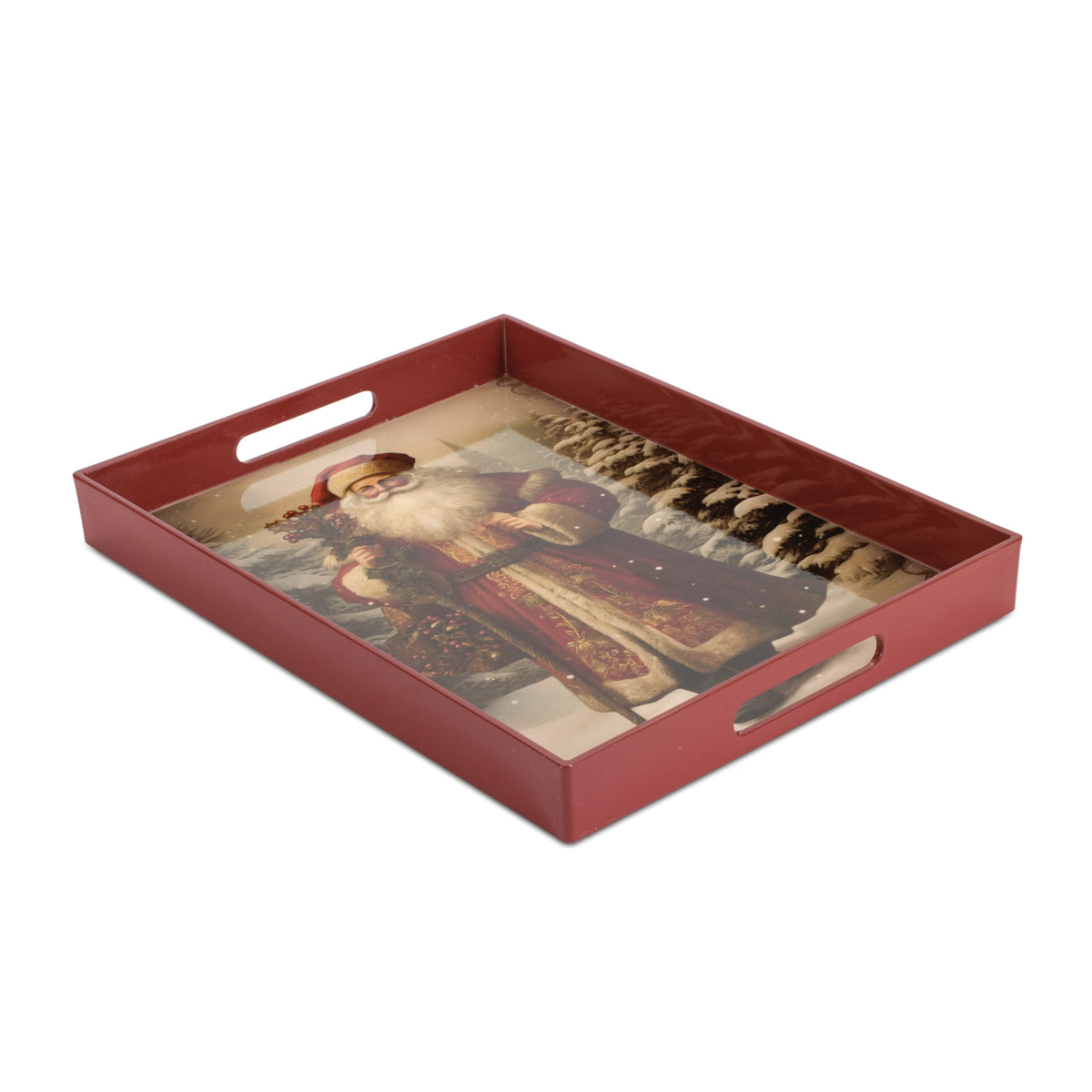 Rectangular red wooden tray featuring a vintage illustration of Santa Claus in a snowy landscape.