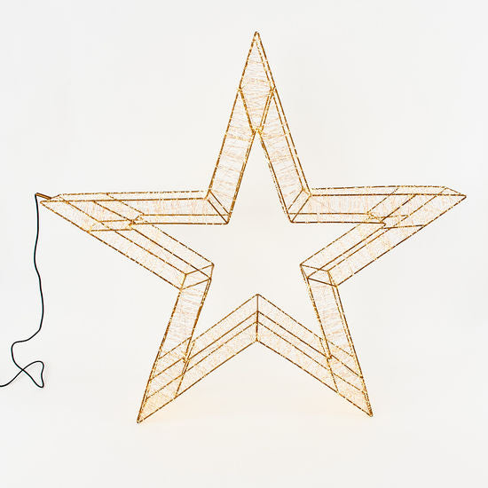 98.5 inch gold wire star decoration with internal LED lights and a black power cord.
