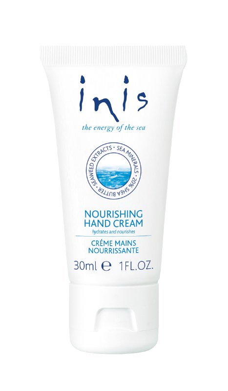 Inis Travel Size Hand Cream in a white tube with blue accents.