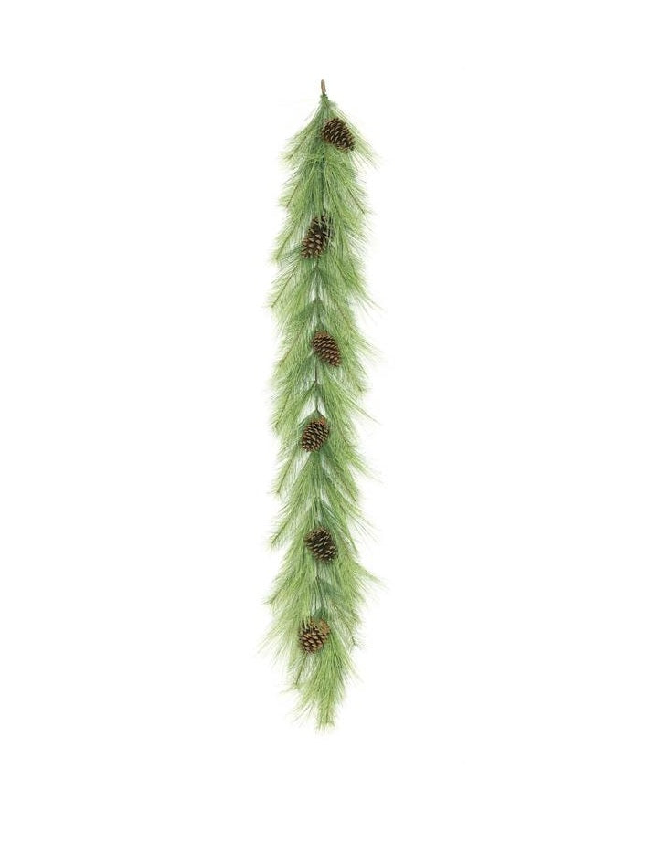 6-foot long needle pine garland with green branches and natural pinecones.