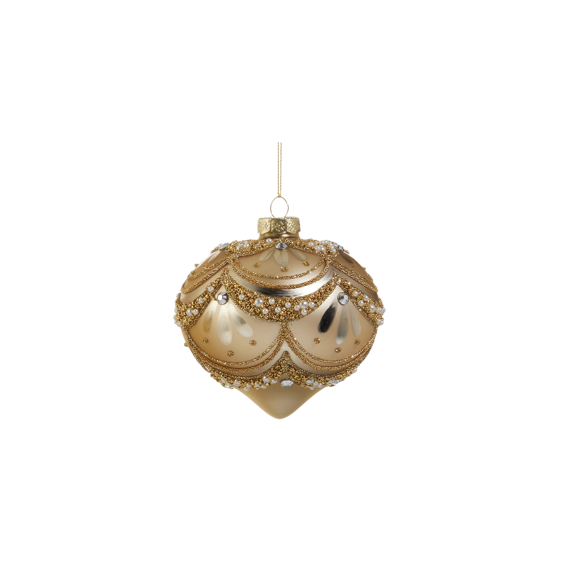 4-inch gold glass ornament with pearl trim and glitter detailing.