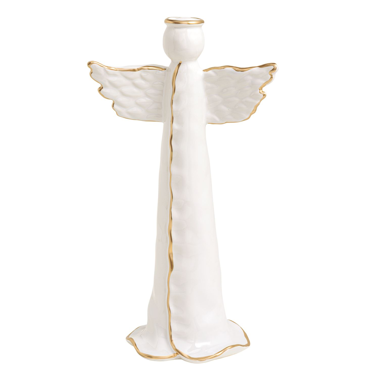White stoneware angel figurine with hand-painted gold trim on wings, halo, and gown.