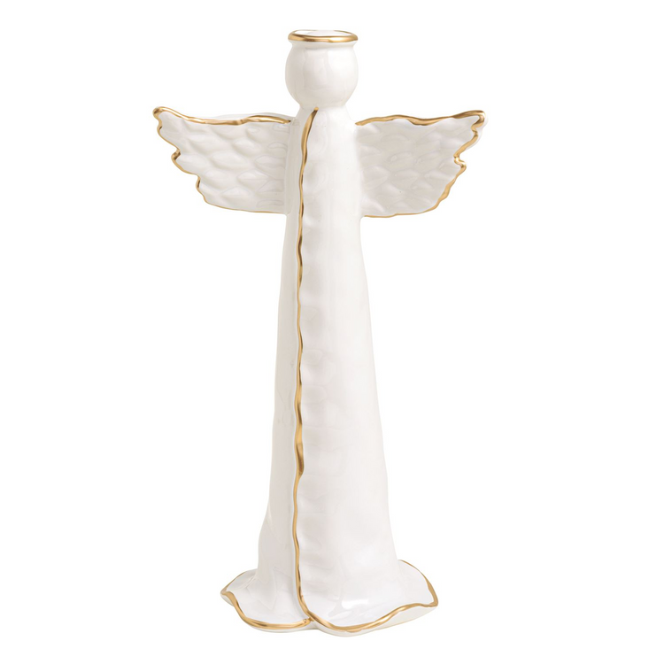 White stoneware angel figurine with hand-painted gold trim on wings, halo, and gown.
