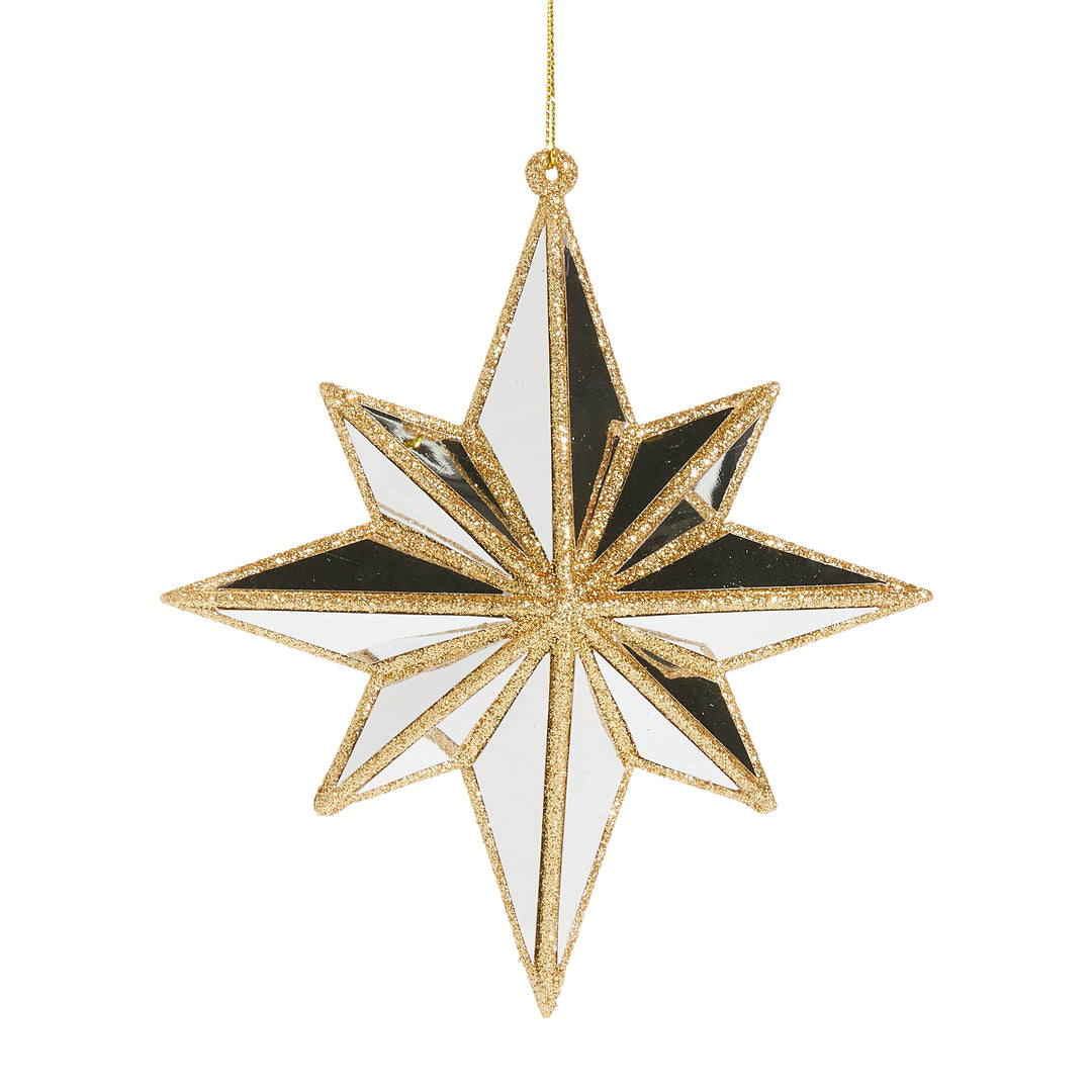 Mirrored North Star ornament made of plastic with a reflective silver finish.