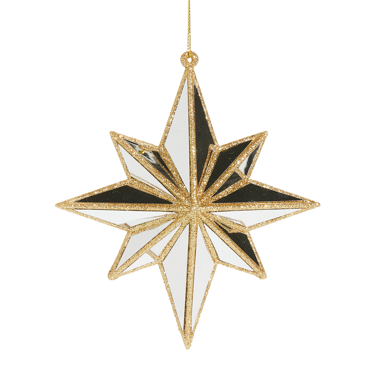 Mirrored North Star ornament made of plastic with a reflective silver finish.