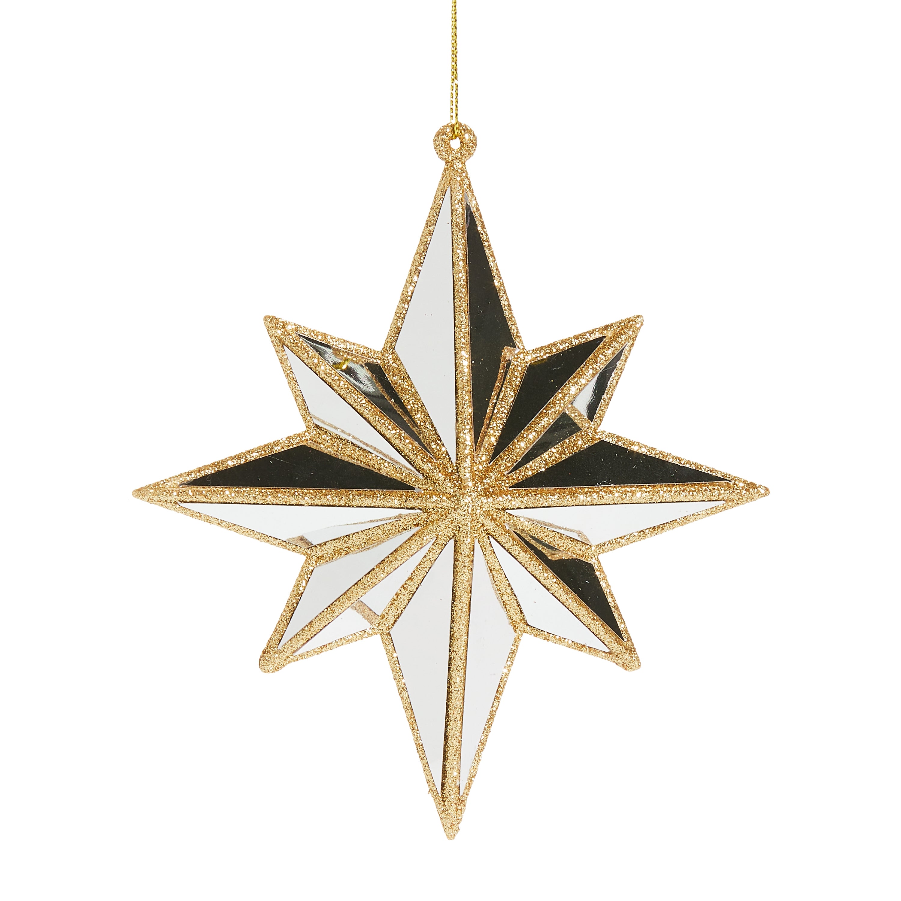Mirrored North Star ornament made of plastic with a reflective silver finish.