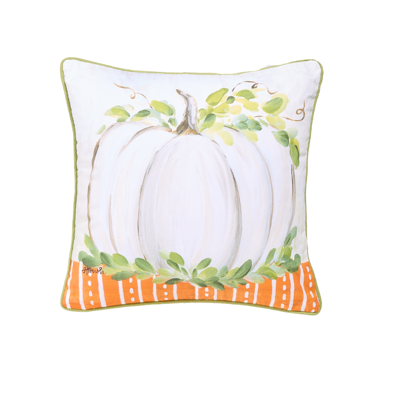16-inch square white pillow with a painted white pumpkin, green leaves, and orange striped border.