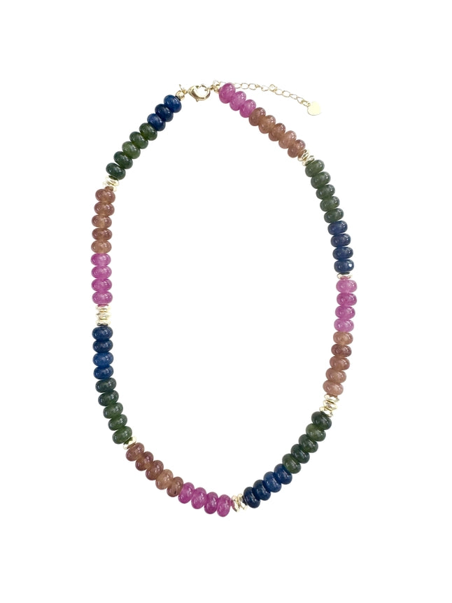 Adjustable necklace with blue, green, pink, cream beads and gold pendant