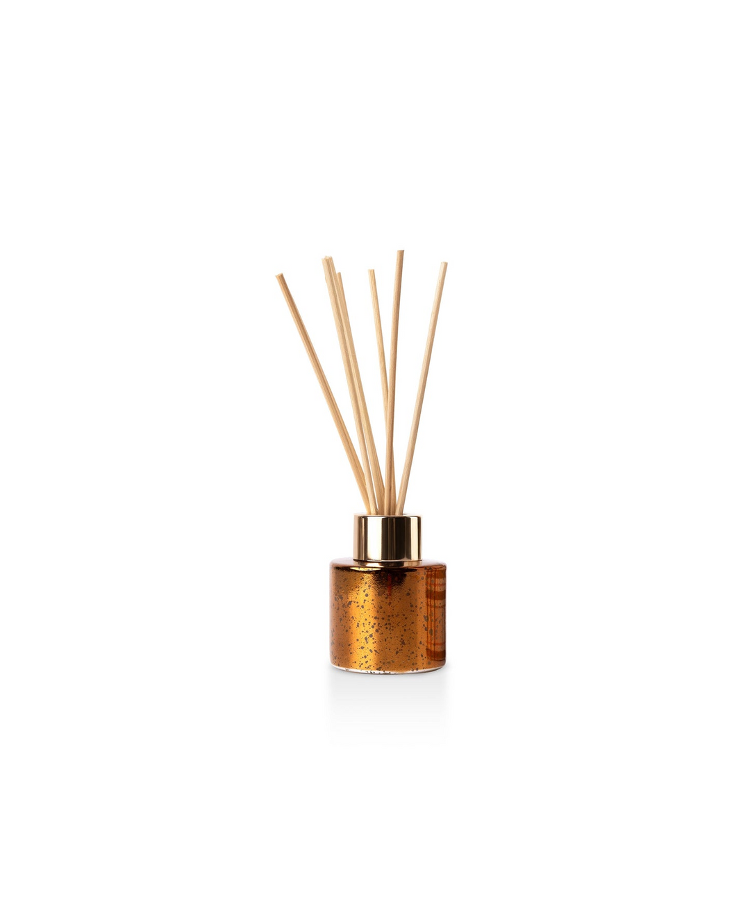 Cinnamon Cider Plaid Mini Reed Diffuser Set with a speckled copper glass bottle and wooden reeds.