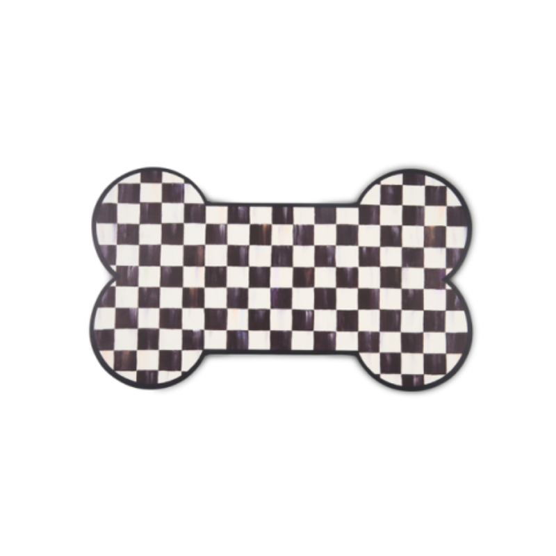 Bone-shaped placemat with a black and white checkered pattern and a thin black border.