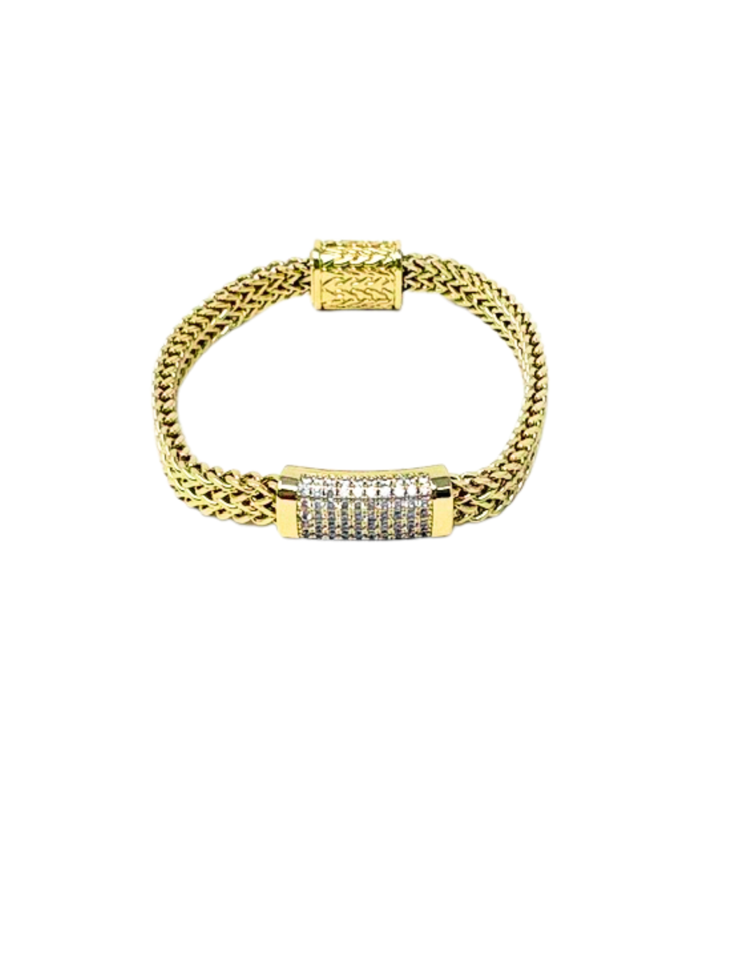 Gold-tone mesh bracelet featuring a central rectangular bar encrusted with cubic zirconia accents.