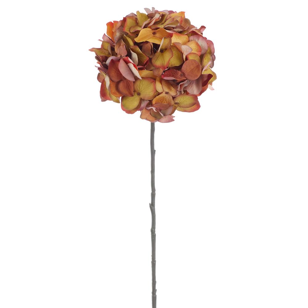 30-inch artificial hydrangea spray with a full, round bloom in autumn shades of orange and green.