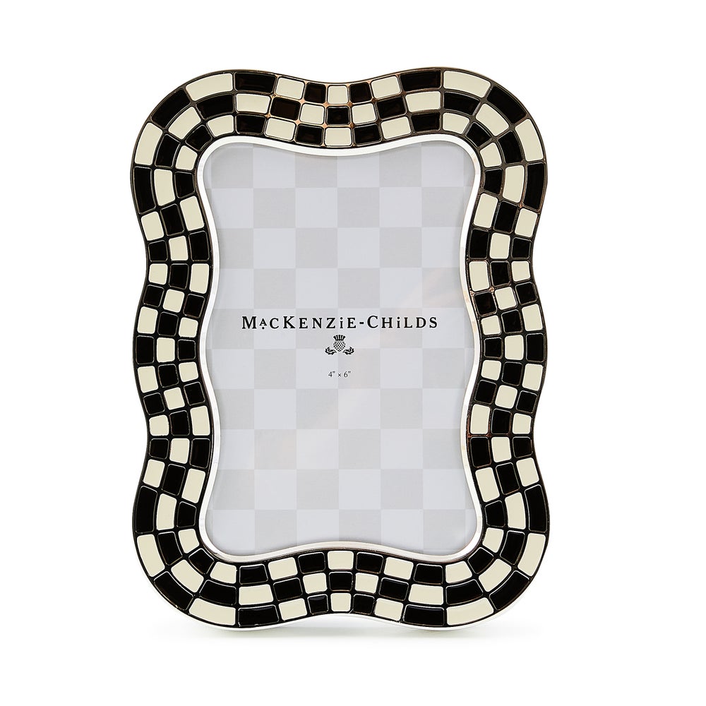 Silver-plated easel frame with wavy check enamel pattern and glass insert.
