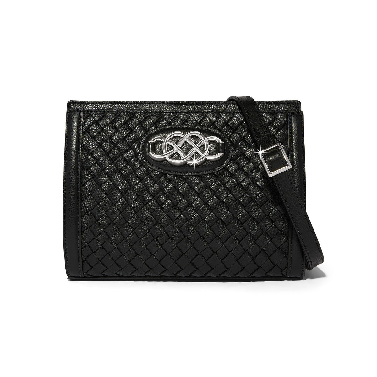 Black leather Interlok Braid Findley Organizer Bag with silver hardware and adjustable strap.