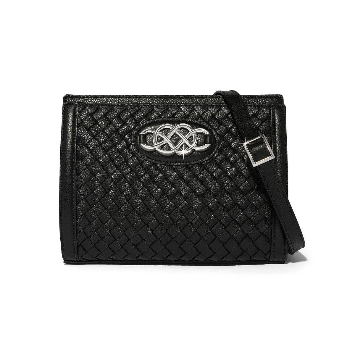 Black leather Interlok Braid Findley Organizer Bag with silver hardware and adjustable strap.