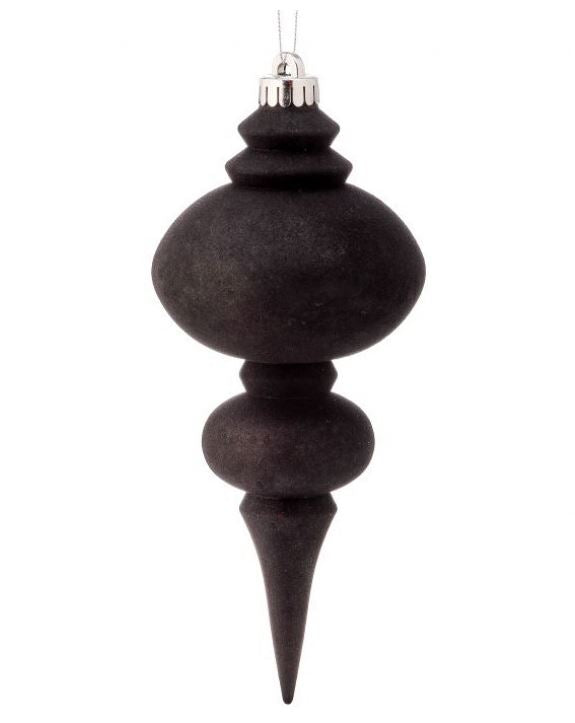 10-inch black frosted finial Christmas ornament with a tiered, elongated silhouette.