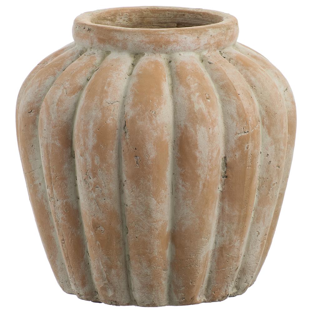 Tall terracotta vase with a cylindrical shape and smooth earth-toned finish.