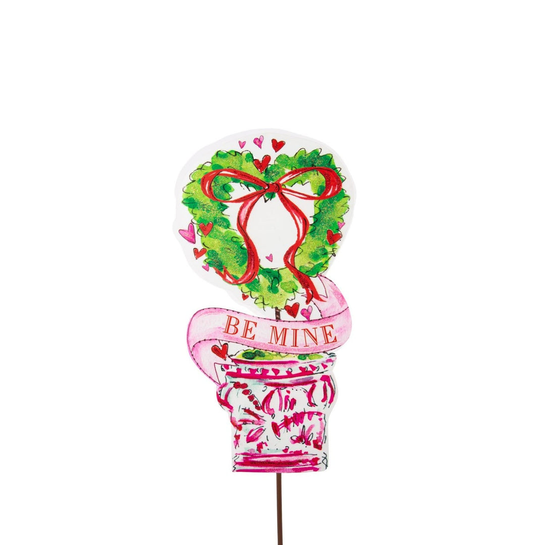 Beck's Be Mine Topiary stake in natural wood finish with green foliage and red heart accents.