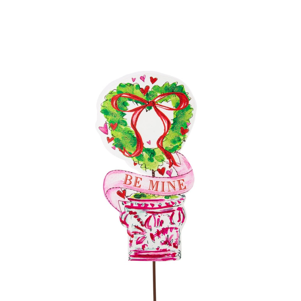 Beck's Be Mine Topiary stake in natural wood finish with green foliage and red heart accents.