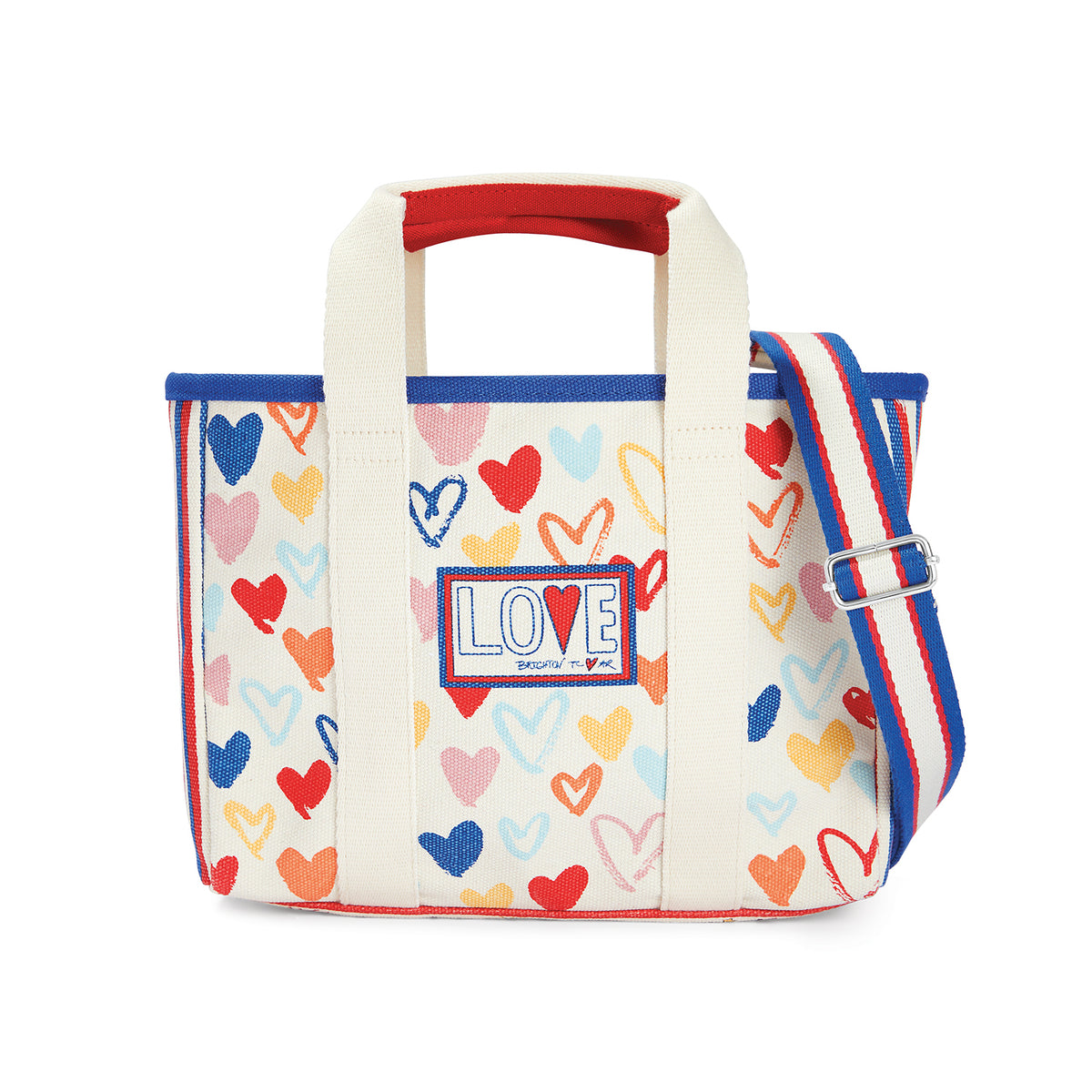 Red canvas mini tote with white snap closure, adjustable strap, and interior pockets.