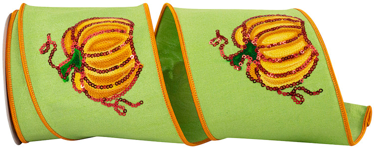 4 inch citrus green wired ribbon featuring yellow pumpkins with red sequin outlines.