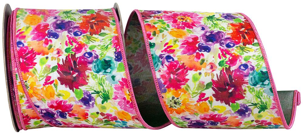 4 inch wide ribbon with a colorful watercolor floral impression pattern and pink wired edges.